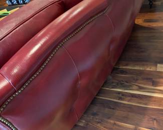 Vintage, Hancock & Moore, Red Leather Sofa with brass Nail Head Trim. Has Tufted Sides & Back.  