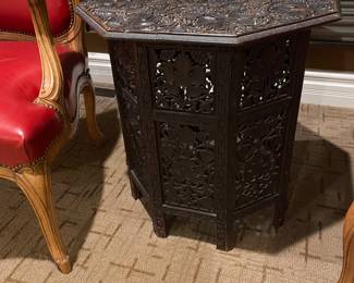Antique Octagonal Carved Wooden folding Side Table    24”x 24”