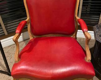 Pair of Elegant Red Leather Arm Chairs w/ Wood Trim. 32”x 25”x 42”h