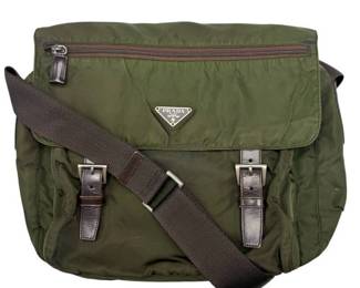 Prada Green Nylon Messenger Bag with Leather Trim