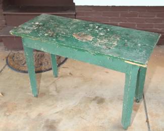 PRI,MITIVE TABLE FROM OLD KITCHEN SET, WOODEN THREAD SPOOLS ADDED TO LEGS