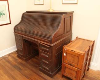 OLD ROLL -TOP DESK AND WOODEN FILE DRAWERS