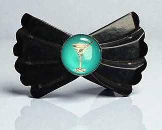 Black Bow Tie Pin with Martini Glass Center Stone