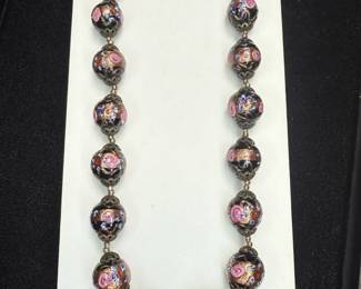 Vintage Venetian Floral Black Glass Beaded Necklace
