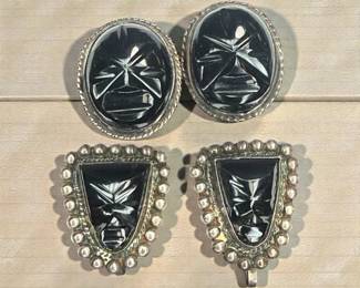 Vintage Onyx Screw Back Earrings Mexico