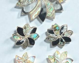 Mexican Sterling Pinwheel Brooch with Abalone Black Onyx