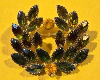 GreenAmberOlive Rhinestone Brooch