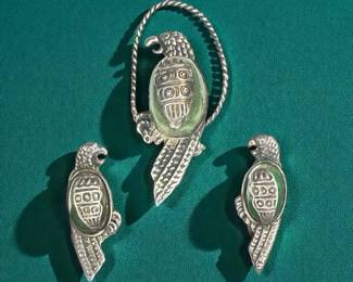 Mexican Parrot Brooch With Matching Earrings