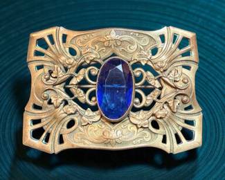 Metal Sash Pin With Blue Cabochon Center Stone