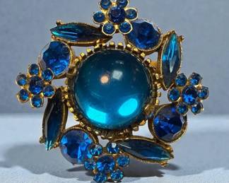 Royal Blue Cabochon and Aurora Borealis Brooch