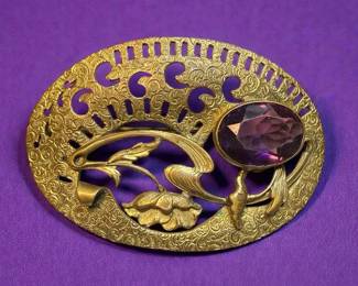 Art Nouveau Brass Sash Pin With Purple Stone