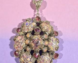 Hollycraft Opalescent Art Glass Pink Rhinestone Pendant Necklace