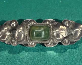 Mexican Silver Bar Brooch With Green Center Stone