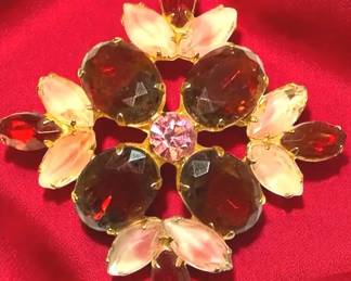 Rhinestone Brooch with Red Bordeaux and Pink Givre Stones