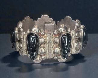 Mexican Silver Cuff with Black Onyx Masks