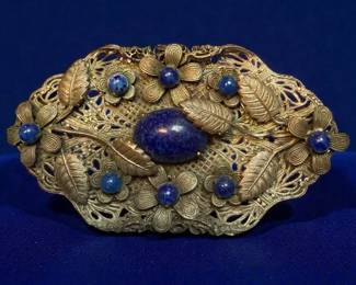 Vintage Floral Brooch with Lapis Color Stones