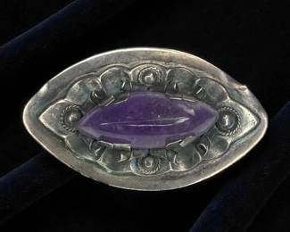 Mexico Silver Amethyst Brooch Signed AM