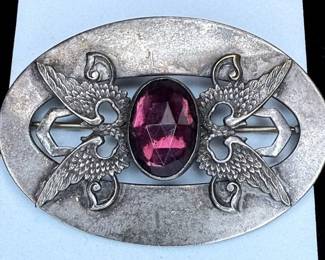 Double Winged Brooch with Purple Center Cabochon