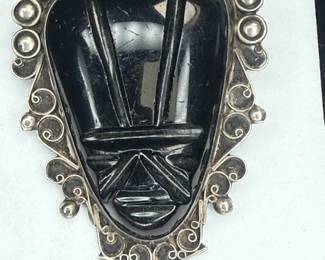 Vintage Mexican sterling black onyx mask brooch