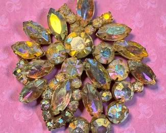 Goldtone Aurora Borealis Rhinestone Brooch