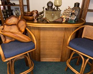 Vintage Rattan Tiki Bar W/Matching Stools