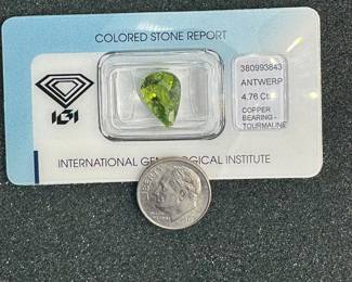 4.76 carat certified pear cut copper bearing tourmaline 