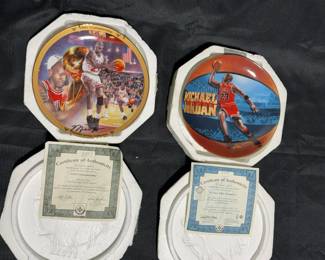 two real porcelain Michael Jordan collectible gold rim plates with certificate of authenticity