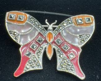 sterling silver marcasite and enamel inlay butterfly brooch