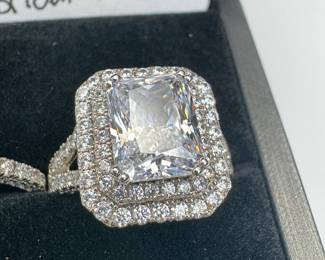 sterling silver and white zircon double halo, solitaire, wedding band set