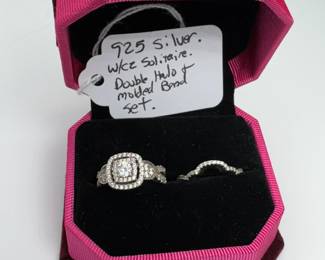 925 Sterling silver double halo with molded band wedding two-piece set