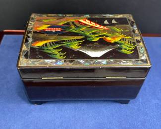 Japanese black lacquer, abalone and mother of pearl musical jewelry box 