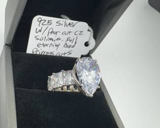 925 Sterling silver with pear cut solitaire and baguette side accent stones wedding ring