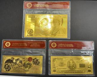 24 karat gold plated, US historical currency note reissues 
