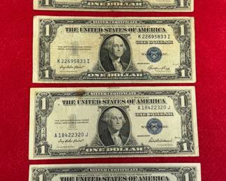 four piece collection of United States, blue seal, silver certificates
