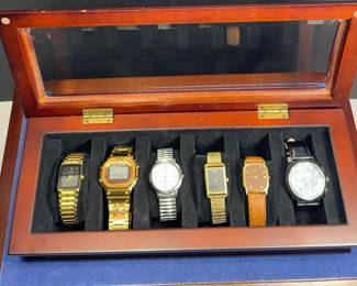 Bombay company glass lid watch box with 6 watches. 