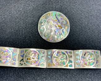 native american, sterling silver and abalone shell link panel bracelet w/ matching pendant/brooch. 