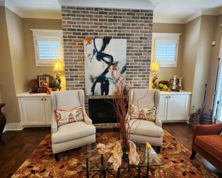 Pair of Modern Wing Back Chairs and Abstract Art