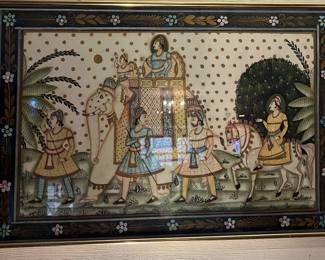 Antique Indian Procession hand painted on silk; Mughal style