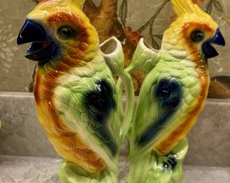 Old 1930s Majolica parrot pitchers