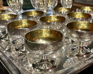 Set of 12 1920s sherbets in sterling with highly etched decorative border