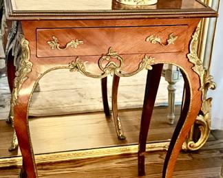 Antique French Louis XVI accent table with marquetry and gilt bronze ormolu 