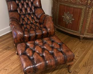 Baker leather cigar chair and ottoman 