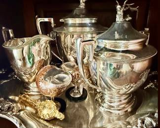 Late 1800s English sterling stag tea set.
(Tray not included)
