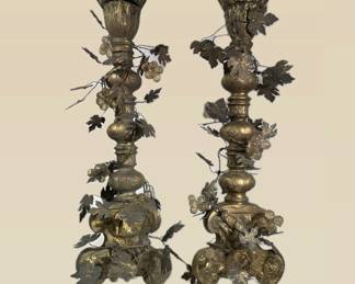 Pair Of Antique Gilt French Grapevine Floral Footed Pillar Candle Holders