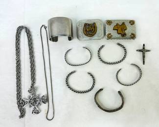 Collection of Cuff Bracelets, Cross Pendant Necklace & Belt Buckles