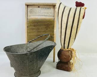 Vintage Washboard, Bucket & Chicken Figurine