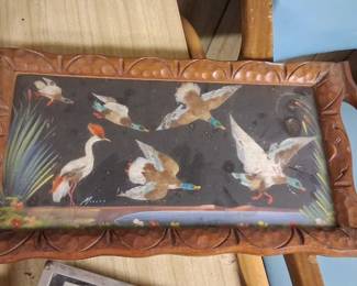 vintage Mexican folk art tray featuring hand-carved wood and detailed bird imagery