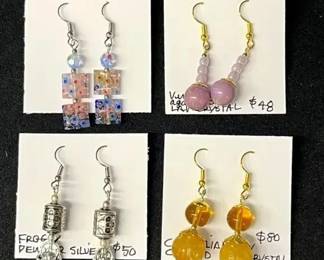 EHE130 - Four Pairs of ML Chang Carved Carnelian, Agate, Hand Made Glass, & Frog Beaded Earrings 