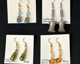 EHE142 - Myrna Lee Chang Crystal Bead, Rose Quartz, Vintage Silver, & Hand Made Glass Earrings