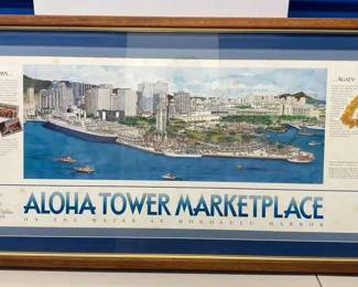 EHE329 - Rare Koa Framed Print of Oahu's Aloha Tower Marketplace Winning Design Signed by Architect